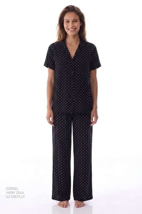 Polka Dot Short Sleeve Shirt Pants Pajama Set - Image 1