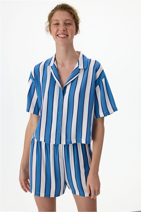 Vacation Striped Short Sleeve Shirt Shorts Pajama Set - Image 1