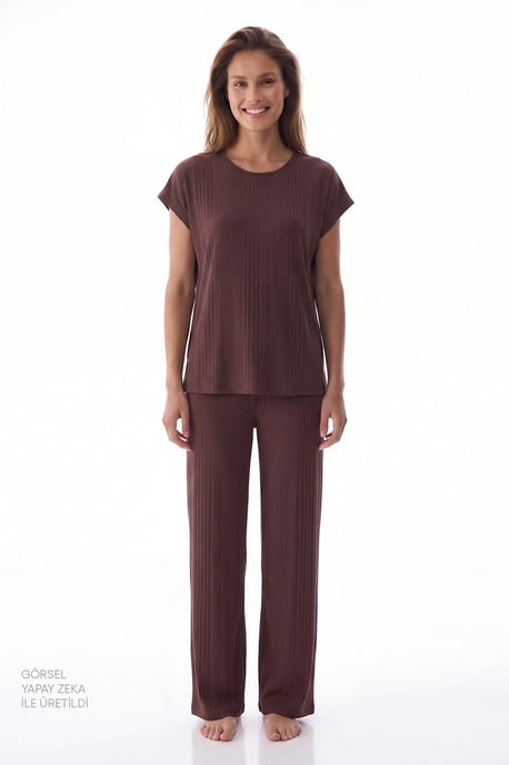 Sleep Mode Ribbed Long Pajama Set With Short Sleeves - Image 1