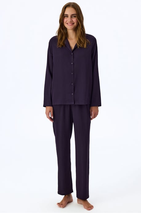 Midnight Satin Striped Long Sleeve Shirt Pants Pajama Set - Image 1