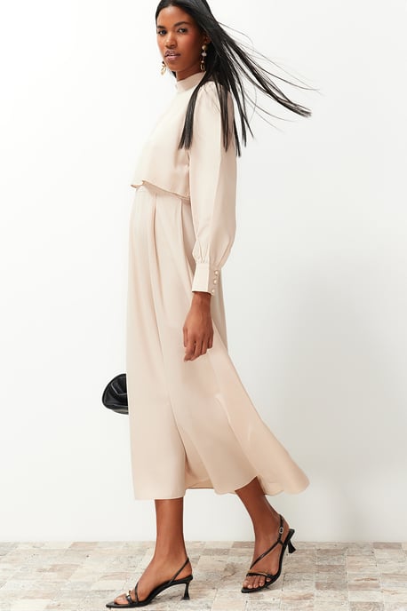 Trendyol Modest Dames Beige Effen Maxi Lang Casual A-lijn Modest Jurken - Image 2