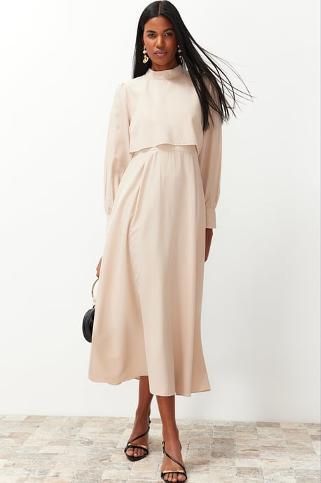 Trendyol Modest Dames Beige Effen Maxi Lang Casual A-lijn Modest Jurken - Image 6