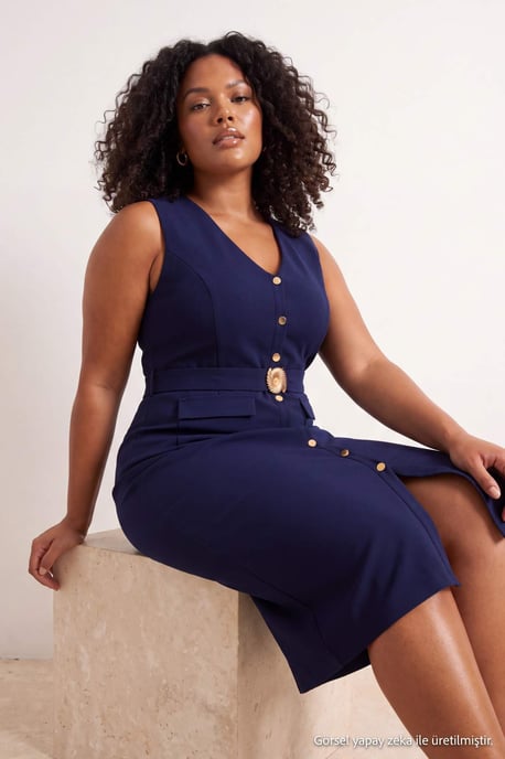 Trendyol Curve Dam Mörkblå Enfärgad Maxi Ärmlös Kväll / Vardag Bodycon Plus size Klänning - Image 6