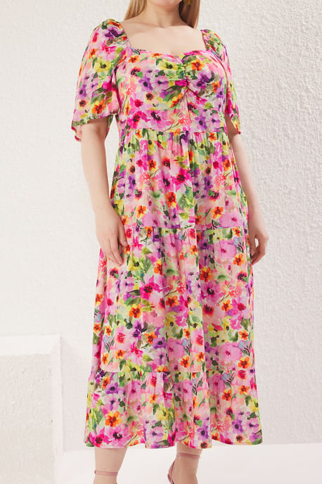 Trendyol Curve Dam Flerfärgad Blommig Maxi Trekvartsärm Casual A-linje Plus size Klänning - Image 2