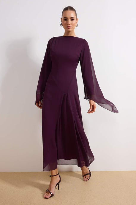 Trendyol Modest Dames Paars Effen Maxi Lang Stijlvol/Avond Recht Modest Jurken - Image 2