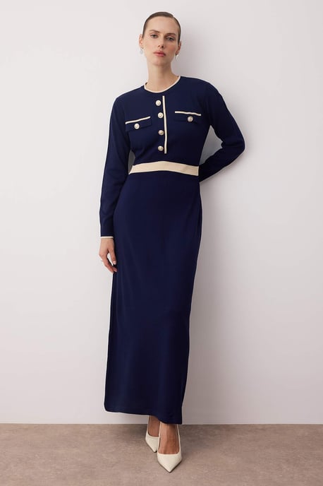 Trendyol Modest Dames Donkerblauw Colorblock Maxi Lang Casual Skater Modest Jurken - Image 1