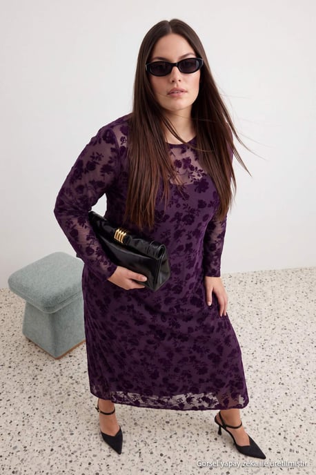 Trendyol Curve Dam Lila Blommig Maxi Lång Casual A-linje Plus size Klänning - Image 3