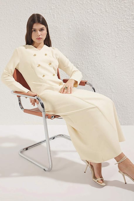 Trendyol Modest Dames Beige Effen Maxi Lang Zakelijk Double-breasted Modest Jurken - Image 4