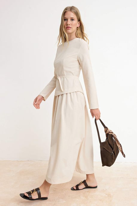 Trendyol Modest Dames Beige Effen Maxi Lang Casual Skater Modest Jurken - Image 4