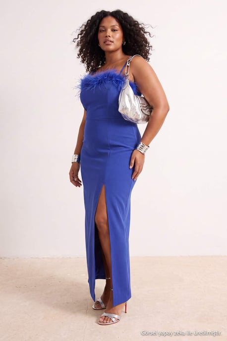 Trendyol Curve Dam Blå Enfärgad Maxi Ärmlös Bal Rak Plus size Klänning - Image 1