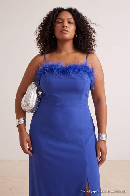 Trendyol Curve Dam Blå Enfärgad Maxi Ärmlös Bal Rak Plus size Klänning - Image 6