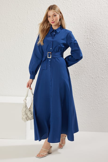 Trendyol Modest Dames Blauw Effen Maxi Lang Zakelijk Blousejurk Modest Jurken - Image 1