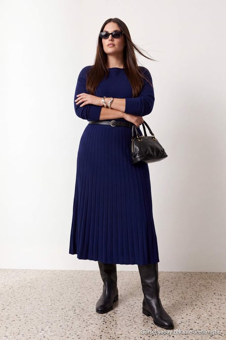 Trendyol Curve Dam Blå Enfärgad Maxi Lång Kväll / Vardag A-linje Plus size Klänning - Image 3