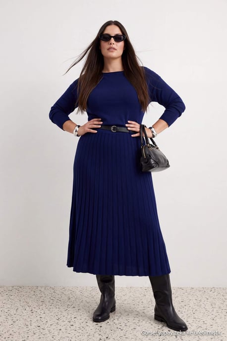Trendyol Curve Dam Blå Enfärgad Maxi Lång Kväll / Vardag A-linje Plus size Klänning - Image 4