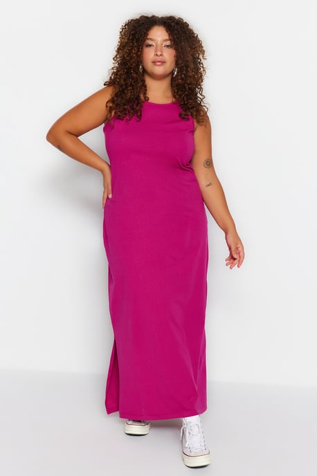 Trendyol Curve Dam Rosa Enfärgad Maxi Ärmlös Casual Rak Plus size Klänning - Image 6