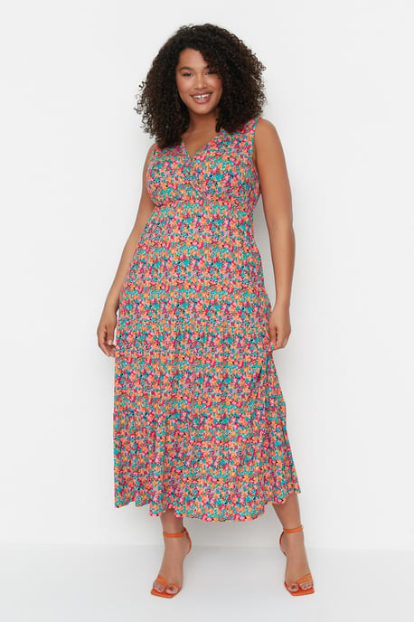 Trendyol Curve Dam Flerfärgad Blommig Maxi Ärmlös Casual A-linje Plus size Klänning - Image 1