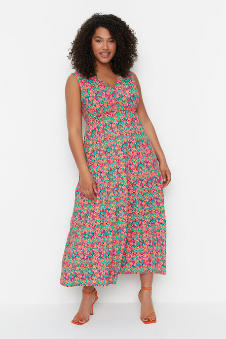 Trendyol Curve Dam Flerfärgad Blommig Maxi Ärmlös Casual A-linje Plus size Klänning - Image 3