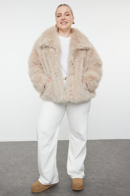 Trendyol Curve Dam Beige Enfärgad Lång Regular fit Plus size Kappor - Image 6