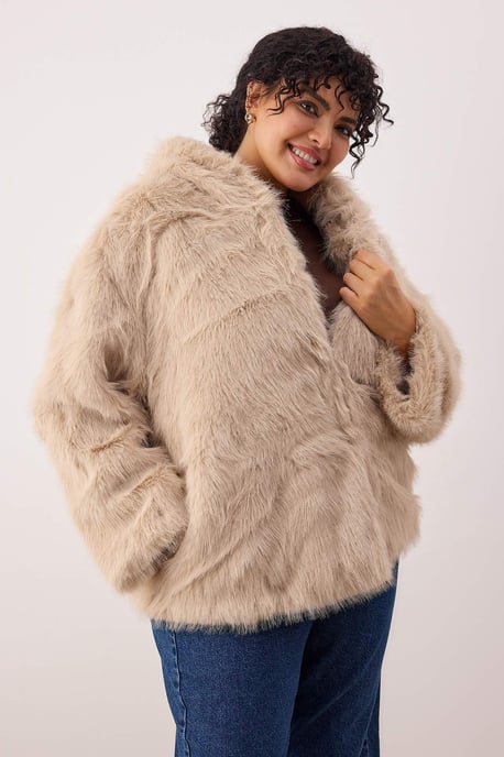 Trendyol Curve Dam Beige Enfärgad Lång Oversize Plus size Kappor - Image 2