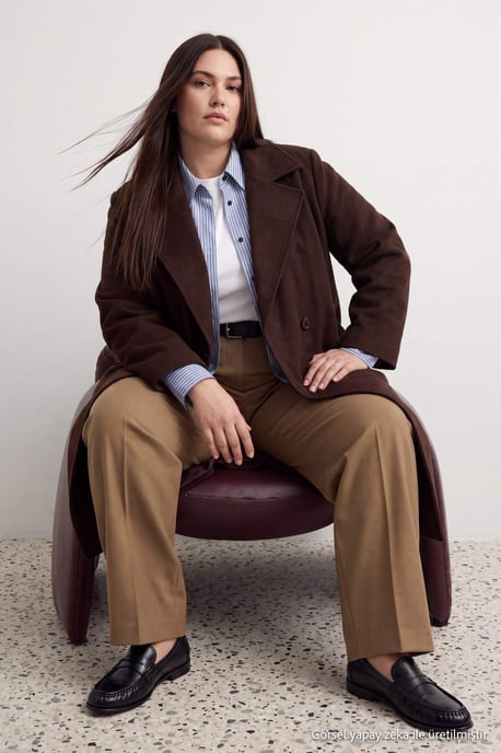 Trendyol Curve Dam Brun Enfärgad Lång Oversize Plus size Kappor - Image 6