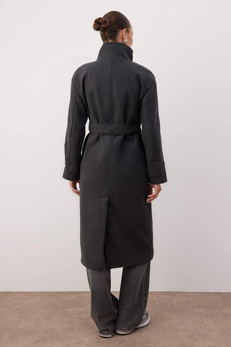 TRENDYOLMİLLA Women's Gray Plain Long Oversize Coats - Image 3