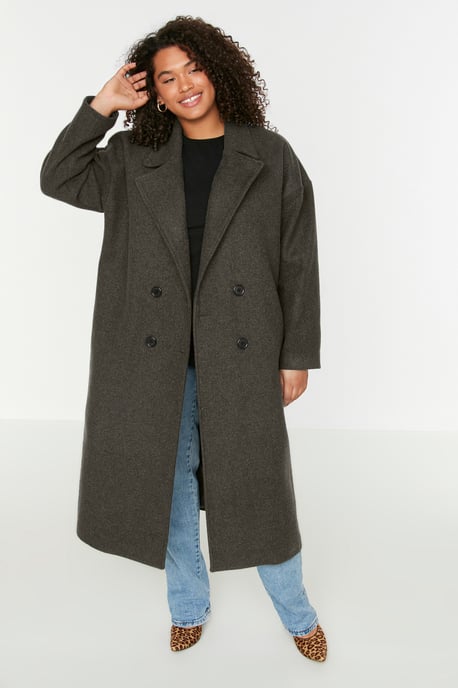 Trendyol Curve Dam Grå Enfärgad Lång Oversize Plus size Kappor - Image 6