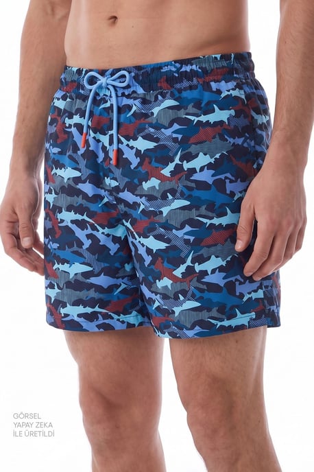 Men's Striped Fish Pattern Swim Shorts - Image 2