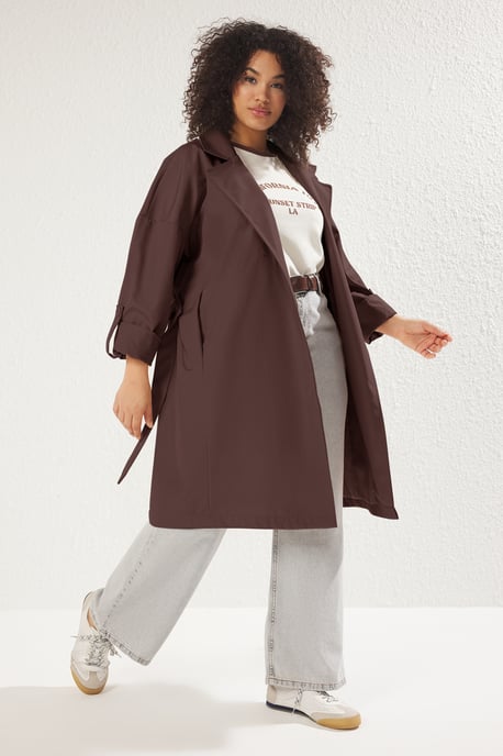 Trendyol Curve Dam Brun Enfärgad Oversize Plus size Trenchcoats - Image 3