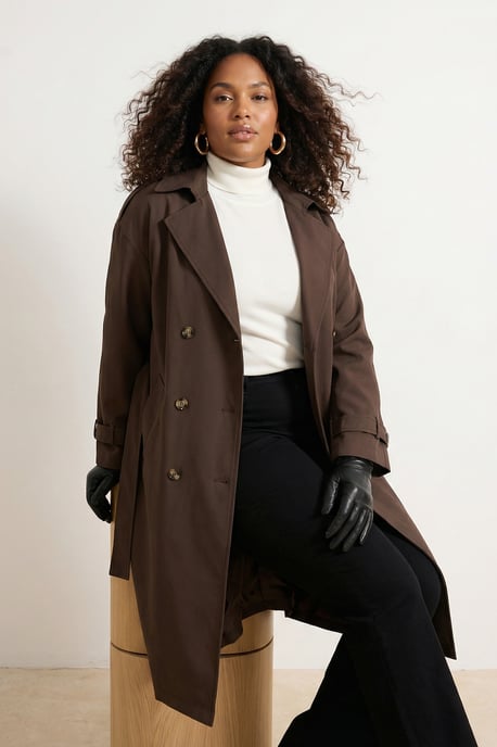 Trendyol Curve Dames Bruin Effen Oversized Grote maten Trenchcoats - Image 1
