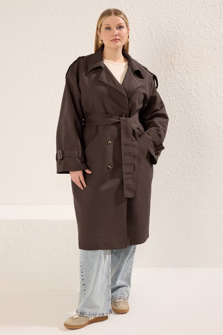 Trendyol Curve Dames Bruin Effen Oversized Grote maten Trenchcoats - Image 4