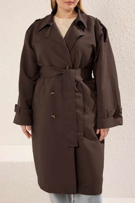 Trendyol Curve Dames Bruin Effen Oversized Grote maten Trenchcoats - Image 5