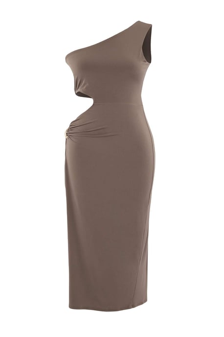 Trendyol Curve Dam Beige Enfärgad Midi Ärmlös Bodycon Plus size Klänning - Image 3