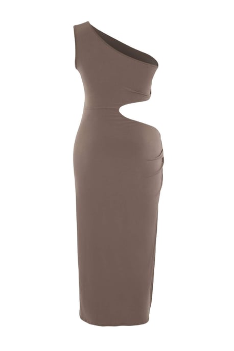 Trendyol Curve Dam Beige Enfärgad Midi Ärmlös Bodycon Plus size Klänning - Image 5
