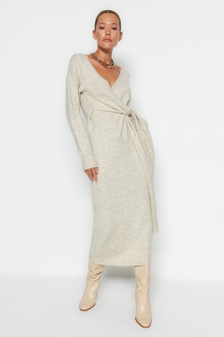 TRENDYOLMİLLA Dames Grijs Effen Midi Lang Casual Double-breasted Jurken - Image 3