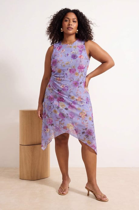 Trendyol Curve Dam Lila Blommig Midi Ärmlös Casual A-linje Plus size Klänning - Image 2