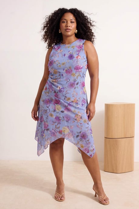 Trendyol Curve Dam Lila Blommig Midi Ärmlös Casual A-linje Plus size Klänning - Image 6