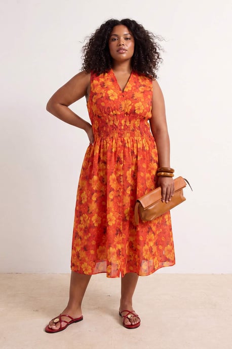 Trendyol Curve Dam Orange Blommig Midi Kort Skjortklänning Plus size Klänning - Image 6