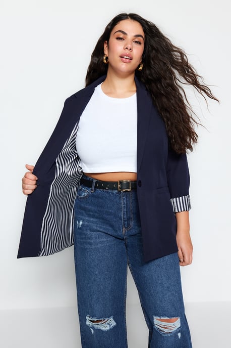 Trendyol Curve Dam Mörkblå Enfärgad Lång Regular fit Plus size Kavajer - Image 1