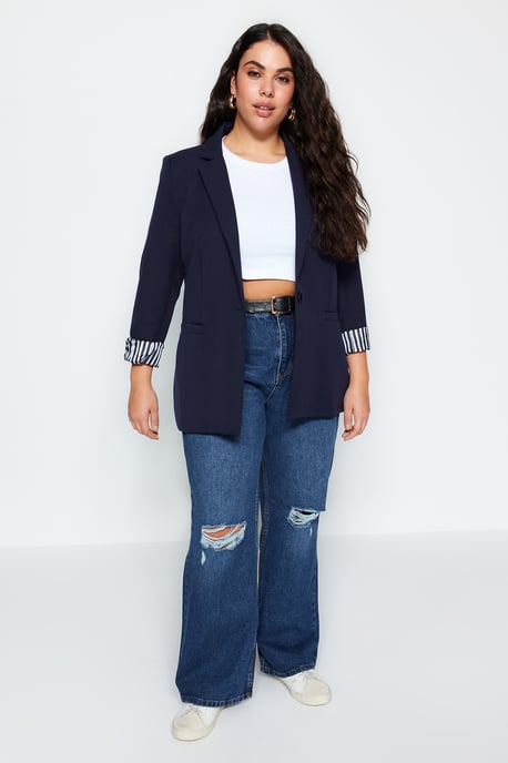 Trendyol Curve Dam Mörkblå Enfärgad Lång Regular fit Plus size Kavajer - Image 6