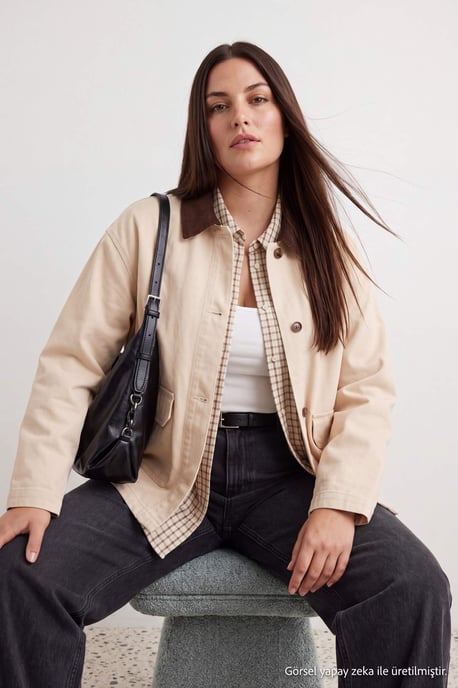Trendyol Curve Dam Ecru Enfärgad Lång Regular fit Plus size Kavajer - Image 3