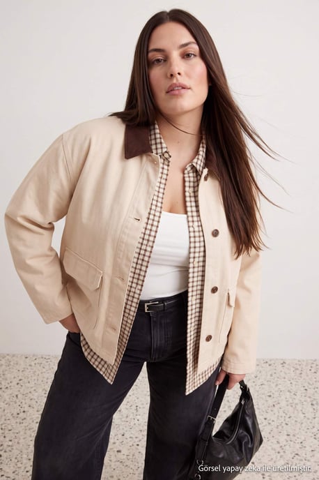 Trendyol Curve Dam Ecru Enfärgad Lång Regular fit Plus size Kavajer - Image 4