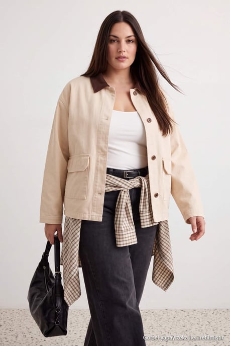 Trendyol Curve Dam Ecru Enfärgad Lång Regular fit Plus size Kavajer - Image 6
