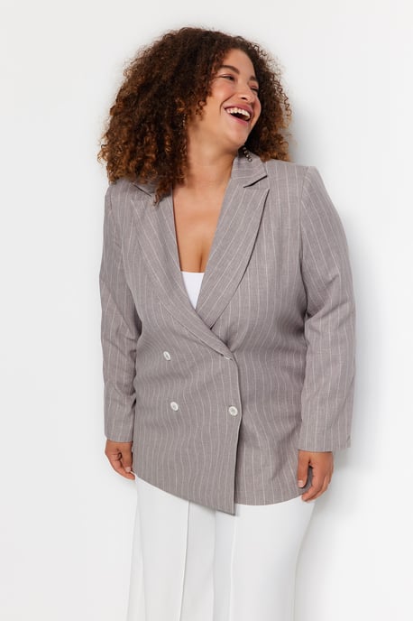Trendyol Curve Dam Grå Randig Lång Relaxed fit Plus size Kavajer - Image 2
