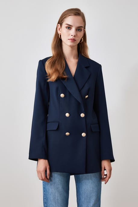TRENDYOLMİLLA Dames Donkerblauw Effen Lang Oversized Blazers - Image 2