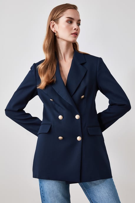 TRENDYOLMİLLA Dames Donkerblauw Effen Lang Oversized Blazers - Image 3