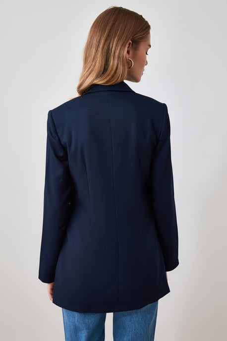 TRENDYOLMİLLA Dames Donkerblauw Effen Lang Oversized Blazers - Image 4