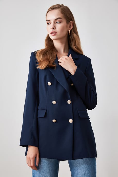 TRENDYOLMİLLA Dames Donkerblauw Effen Lang Oversized Blazers - Image 6