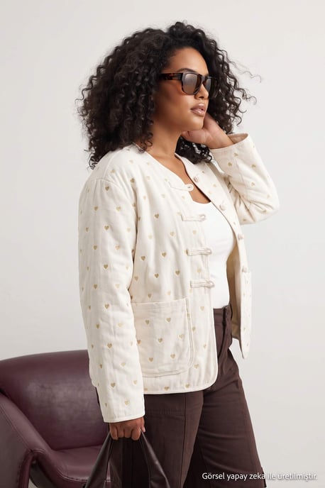 Trendyol Curve Dam Ecru Hjärtan Lång Regular fit Plus size Kavajer - Image 2