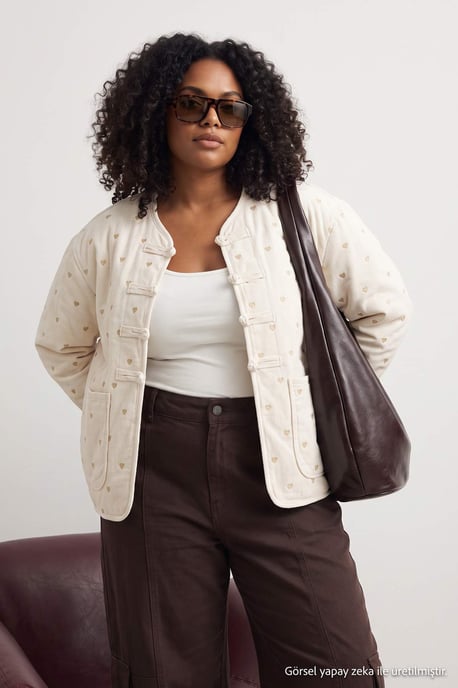 Trendyol Curve Dam Ecru Hjärtan Lång Regular fit Plus size Kavajer - Image 6