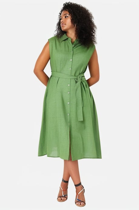 Trendyol Curve Dam Grön Enfärgad Midi Kort Casual A-linje Plus size Klänning - Image 1